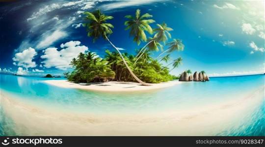 Tropical island beach with palms. Generative AI. High quality illustration. Tropical island beach with palms. Generative AI