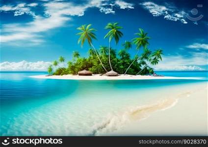 Tropical island beach with palms. Generative AI. High quality illustration. Tropical island beach with palms. Generative AI