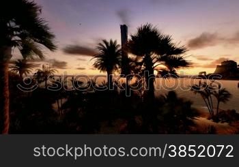 Tropical Island, Hotel on Coastline and yachts at sunset, panning