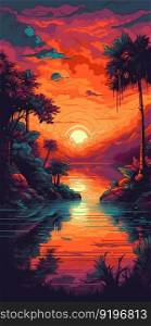 Tropical Island Illustration on Sunset. Generative ai. High quality illustration. Tropical Island Illustration on Sunset. Generative ai