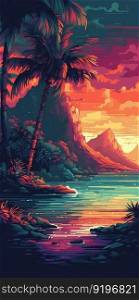 Tropical Island Illustration on Sunset. Generative ai. High quality illustration. Tropical Island Illustration on Sunset. Generative ai
