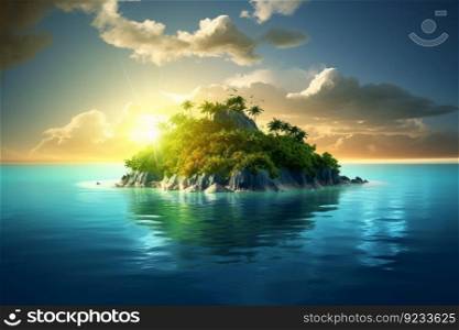 Tropical island sunset sea. Water palm tree. Generate Ai. Tropical island sunset sea. Generate Ai