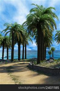 Tropical island with palm trees and plants over blue sky, 3D Illustration.