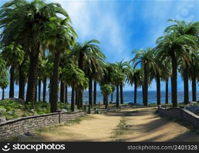 Tropical island with palm trees and plants over blue sky, 3D Illustration.