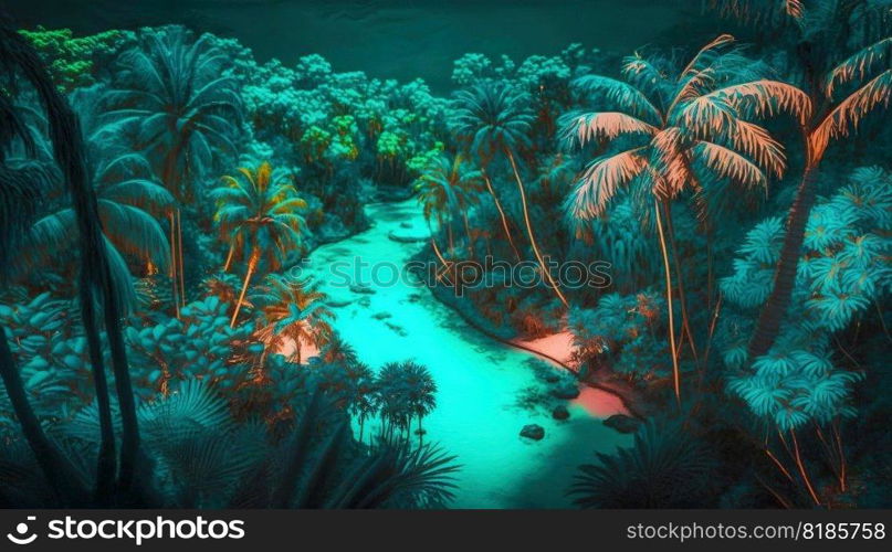 Tropical jungle in vibrant gradient neon colors. Synthwave rain forest. Generative AI.. Tropical jungle in vibrant gradient neon colors. Synthwave rain forest. Generative AI