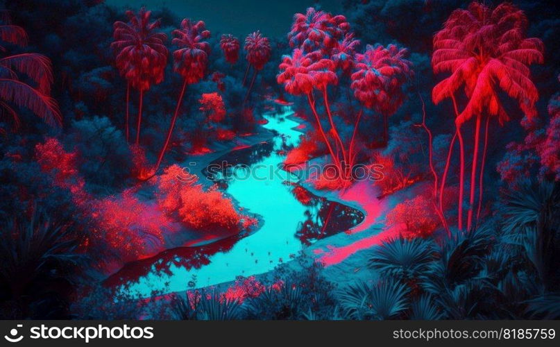 Tropical jungle in vibrant gradient neon colors. Synthwave rain forest. Generative AI.. Tropical jungle in vibrant gradient neon colors. Synthwave rain forest. Generative AI