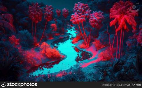 Tropical jungle in vibrant gradient neon colors. Synthwave rain forest. Generative AI.. Tropical jungle in vibrant gradient neon colors. Synthwave rain forest. Generative AI
