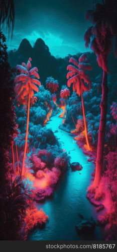 Tropical jungle in vibrant gradient neon colors. Synthwave rain forest. Generative AI.. Tropical jungle in vibrant gradient neon colors. Synthwave rain forest. Generative AI