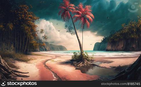 Tropical jungle on the ocean shore. Paradise landscape. Generative AI.. Tropical jungle on the ocean shore. Paradise landscape. Generative AI
