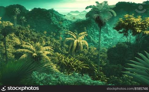 Tropical jungle with river. Green scenery of paradise forest. Generative AI.. Tropical jungle with river. Green scenery of paradise forest. Generative AI