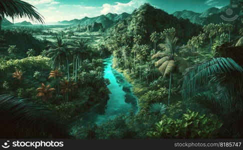 Tropical jungle with river. Green scenery of paradise forest. Generative AI.. Tropical jungle with river. Green scenery of paradise forest. Generative AI