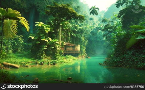 Tropical jungle with river. Green scenery of paradise forest. Generative AI.. Tropical jungle with river. Green scenery of paradise forest. Generative AI