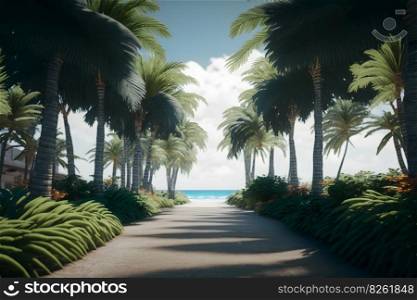Tropical landscape with palm trees. Neural network AI generated art. Tropical landscape with palm trees. Neural network AI generated