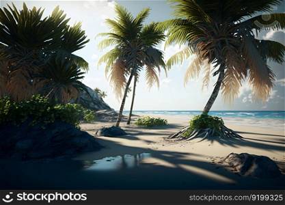 Tropical landscape with palm trees. Neural network AI generated art. Tropical landscape with palm trees. Neural network AI generated