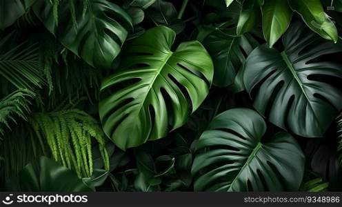 Tropical leaf. Closeup nature view of green leaf and nature background. Flat lay, Dark nature Concept. Generative Ai.