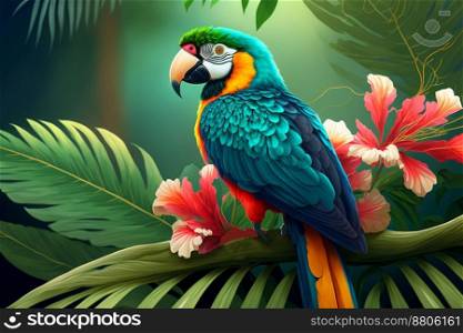 Tropical leaves background with parrots