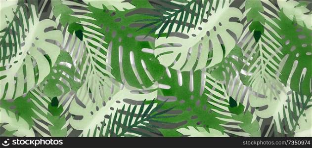 Tropical leaves foliage background with Monstera and palm leaves, made with papercraft . Jungle layout. Banner