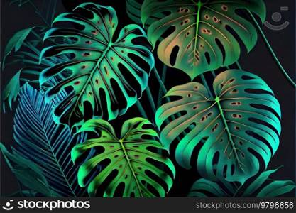 tropical leaves greenery with green leaves over black bsckground. tropical leaves greenery