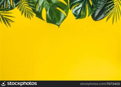 Tropical leaves on yellow background, minimal concept, flat lay. Tropical leaves on yellow background, space for text