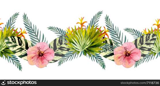 Tropical leaves . Repetition of summer horizontal border. Floral watercolor. Watercolor compositions for the design of greeting cards or invitations. Illustration.. Tropical leaves . Repetition of summer horizontal border. Floral watercolor. Watercolor compositions for the design of greeting cards or invitations. Illustration
