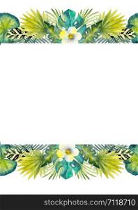 Tropical leaves . Repetition of summer horizontal border. Floral watercolor. Vertical frame. Watercolor compositions for the design of greeting cards or invitations. Illustration.. Tropical leaves . Repetition of summer horizontal border. Floral watercolor. Vertical frame. Watercolor compositions for the design of greeting cards or invitations. Illustration