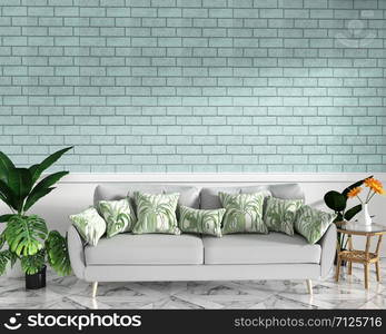 Tropical Loft interior mock up with sofa and decoration and mint brick wall on granite floor .3D rendering