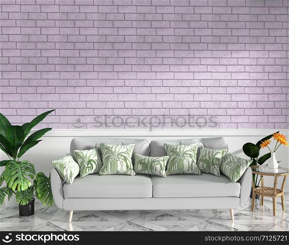 Tropical Loft interior mock up with sofa and decoration and pink brick wall on granite floor .3D rendering
