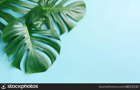 Tropical monstera leaves on a pastel blue background with empty copyspace. Jungle green leaf concept. Flat lay. Created with generative AI tools. Tropical monstera leaves on a pastel blue background. Created by generative AI