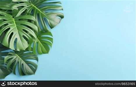 Tropical monstera leaves on a pastel blue background with empty copyspace. Jungle green leaf concept. Flat lay. AI Generative. Tropical monstera leaves on a pastel blue background. AI Generative