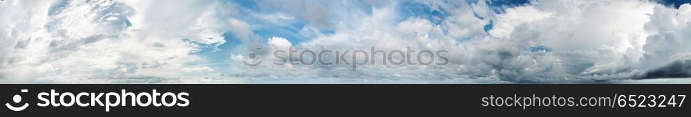 Tropical morning sky panorama. Sky and clouds. Bright air summer background. Tropical morning sky panorama