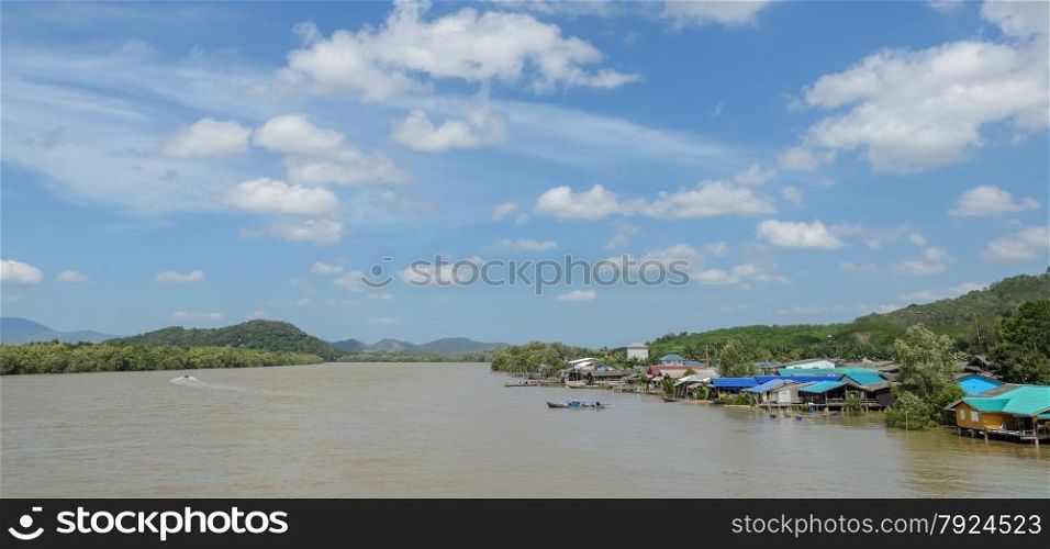 Tropical mountain with fishing village in Ranong, Thailand