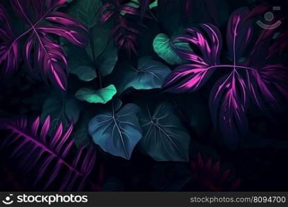 Tropical neon green leaves. Dark nature. Generate Ai. Tropical neon green leaves. Generate Ai