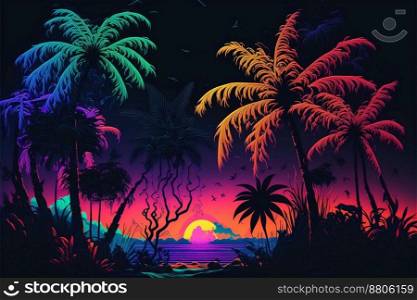 Tropical neon landscape with palm trees