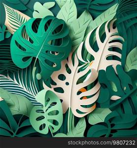 Tropical palm and monstera leaves background, paper art. Illustration AI Generative