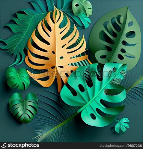 Tropical palm and monstera leaves background, paper art. Illustration AI Generative