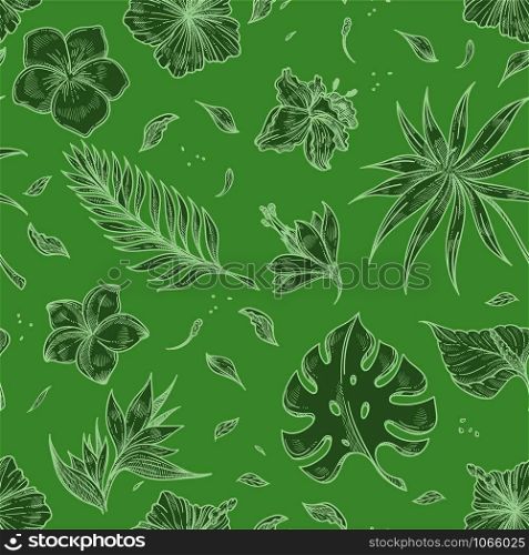Tropical palm leaf seamless pattern sketch background. Vector botanical design of monstera tropic exotic leaf for fashion summer paradise print backdrop. Tropical palm leaf seamless pattern sketch background.