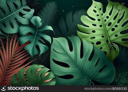 Tropical palm leaves jungle leaf background. Neural network AI generated art. Tropical palm leaves jungle leaf background. Neural network generated art
