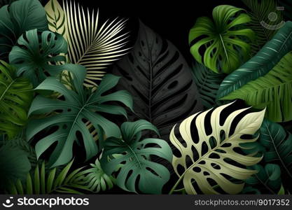 Tropical palm leaves jungle leaf background. Neural network AI generated art. Tropical palm leaves jungle leaf background. Neural network generated art