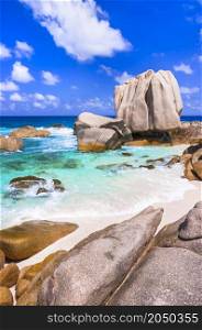 Tropical paradise. Dream rocky beach Anse Marron in La Digue, Seychelles islands
