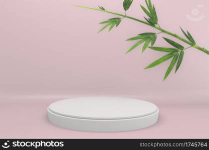 Tropical pink design Podium minimal geometric and bamboo japanese decoration .3D rendering