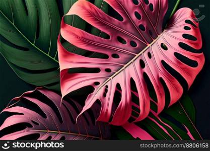 Tropical pink leaves Monstera on dark blue background