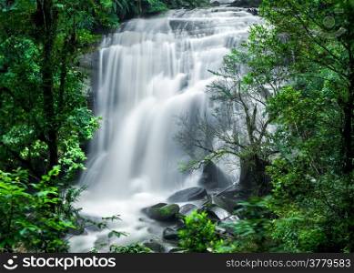 Tropical rain forest landscape with jungle plants and flowing water of Sirithan waterfall. Mae Klang Luang village, Doi Inthanon National park, Chiang Mai province, Thailand