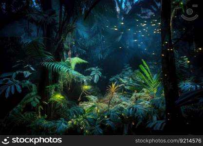 tropical rainforest at night, with the glow of bioluminescent plants and animals, created with generative ai. tropical rainforest at night, with the glow of bioluminescent plants and animals