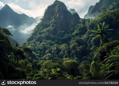 Tropical rainforest growth surrounds mountain. Generated AI