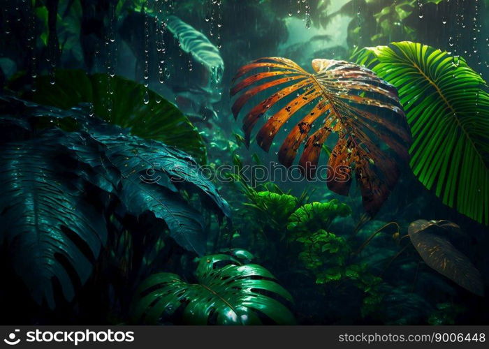 Tropical Rainforest Landscape background. Tropical jungle palms. Generative AI  