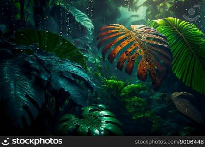 Tropical Rainforest Landscape background. Tropical jungle palms. Generative AI  