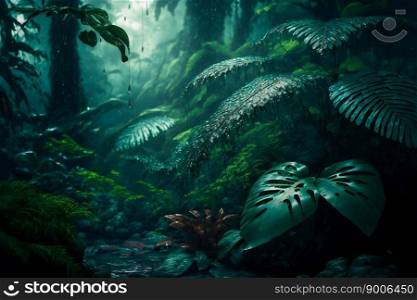 Tropical Rainforest Landscape background. Tropical jungle palms. Generative AI 
