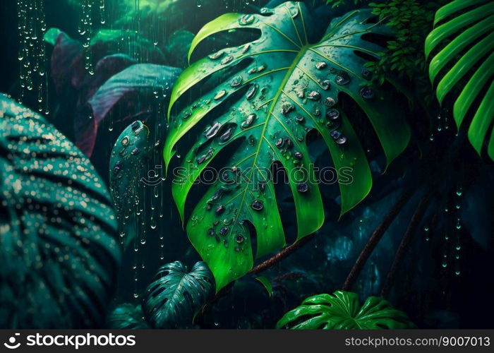 Tropical Rainforest Landscape background. Tropical jungle palms. Generative AI 
