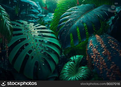 Tropical Rainforest Landscape background. Tropical jungle palms. Generative AI 
