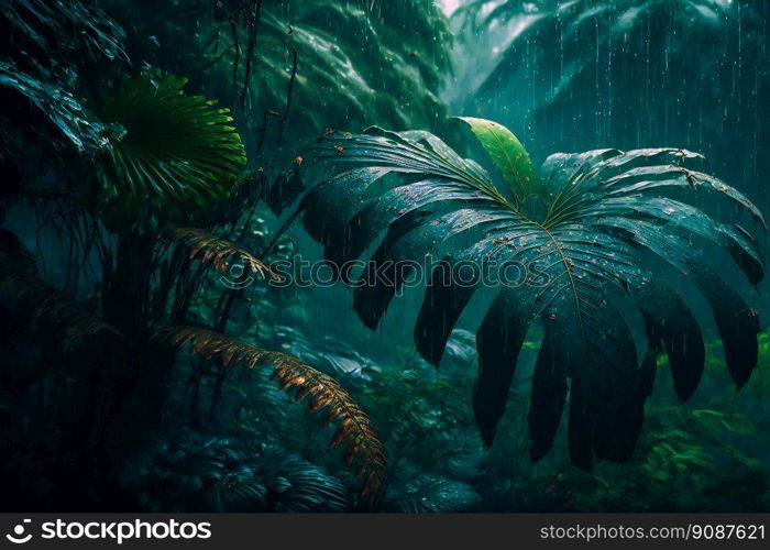 Tropical Rainforest Landscape background. Tropical jungle palms. Generative AI  